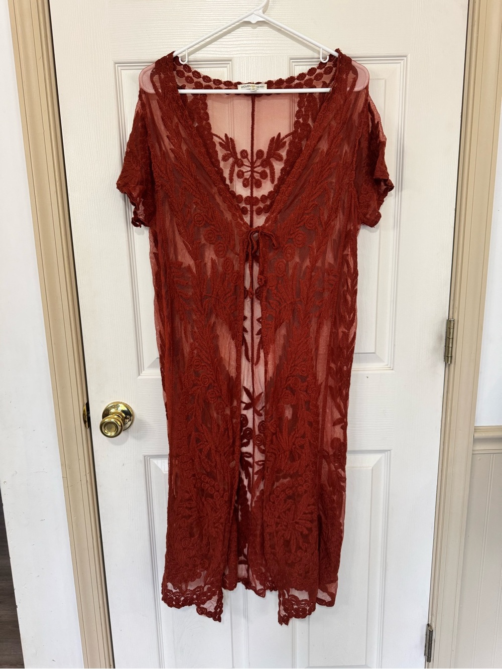 Woven Heart Rust Orange Floral Lace Maxi Duster Kimono Cardigan Small Boho